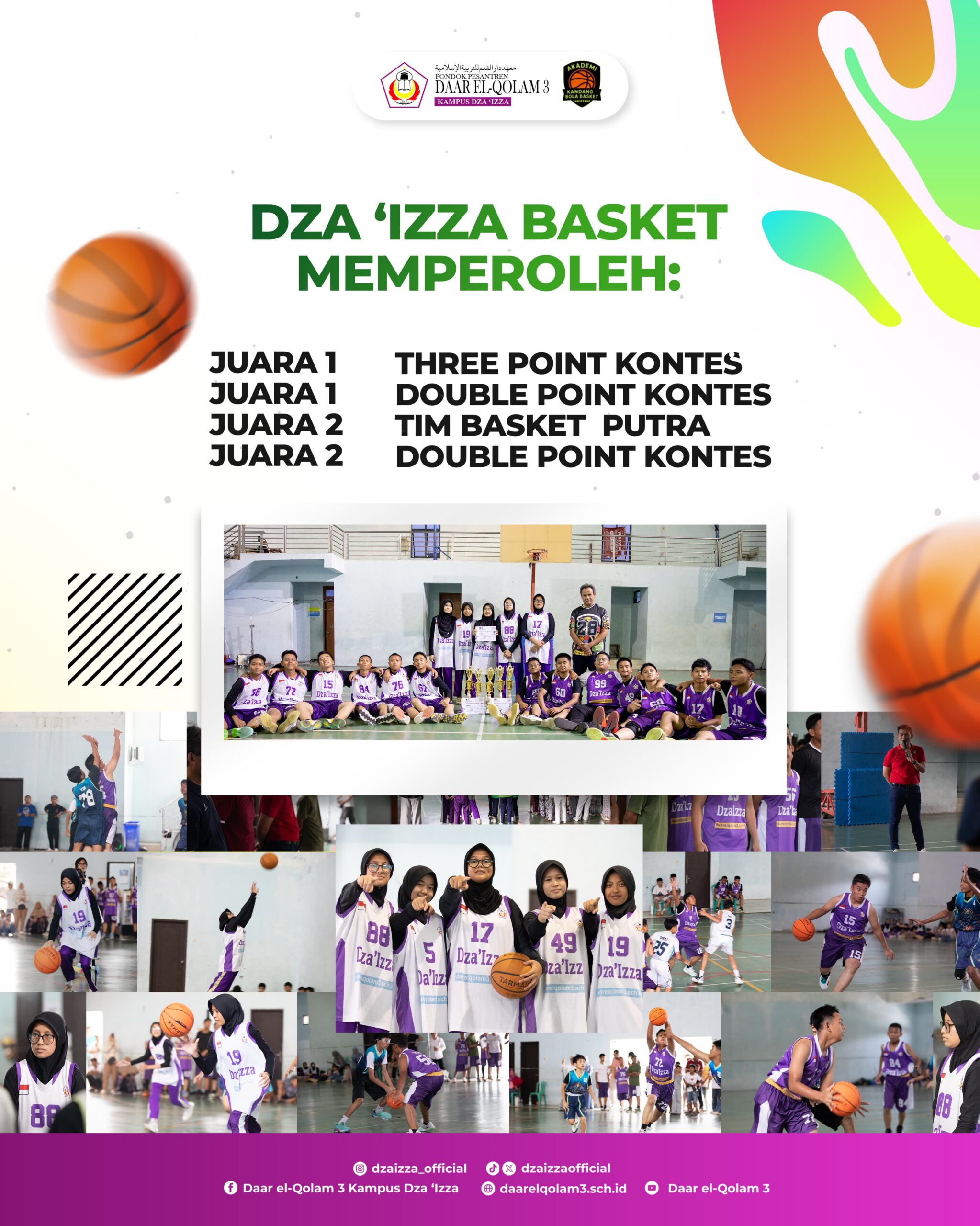 Collage poster for Dza 'Izza basketball team showing players in purple uniforms, trophies, action shots and a blurred basketball graphic