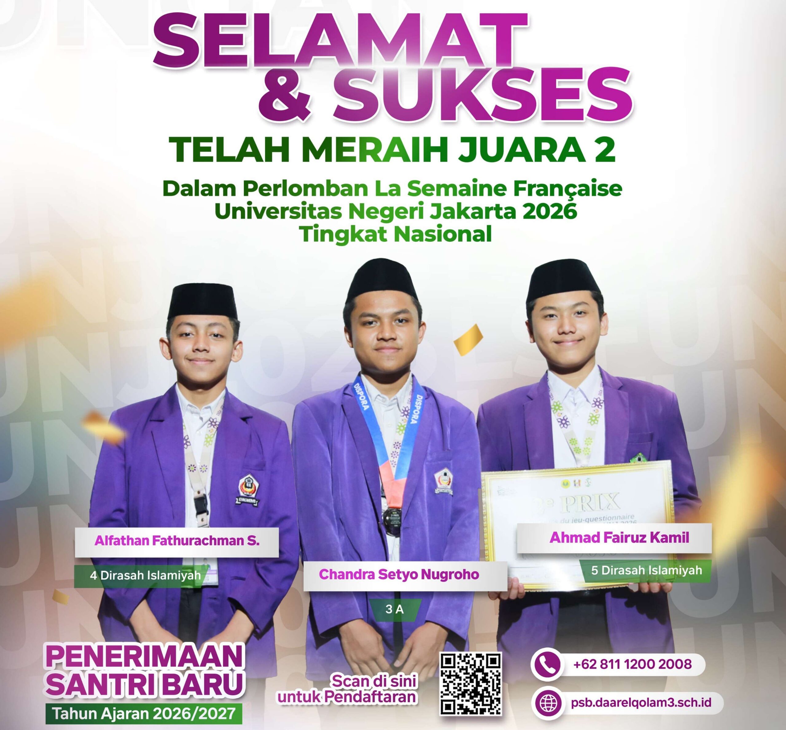 Three smiling male students in purple blazers and black caps holding an award beneath a banner that reads "Selamat & Sukses" and congratulatory text.