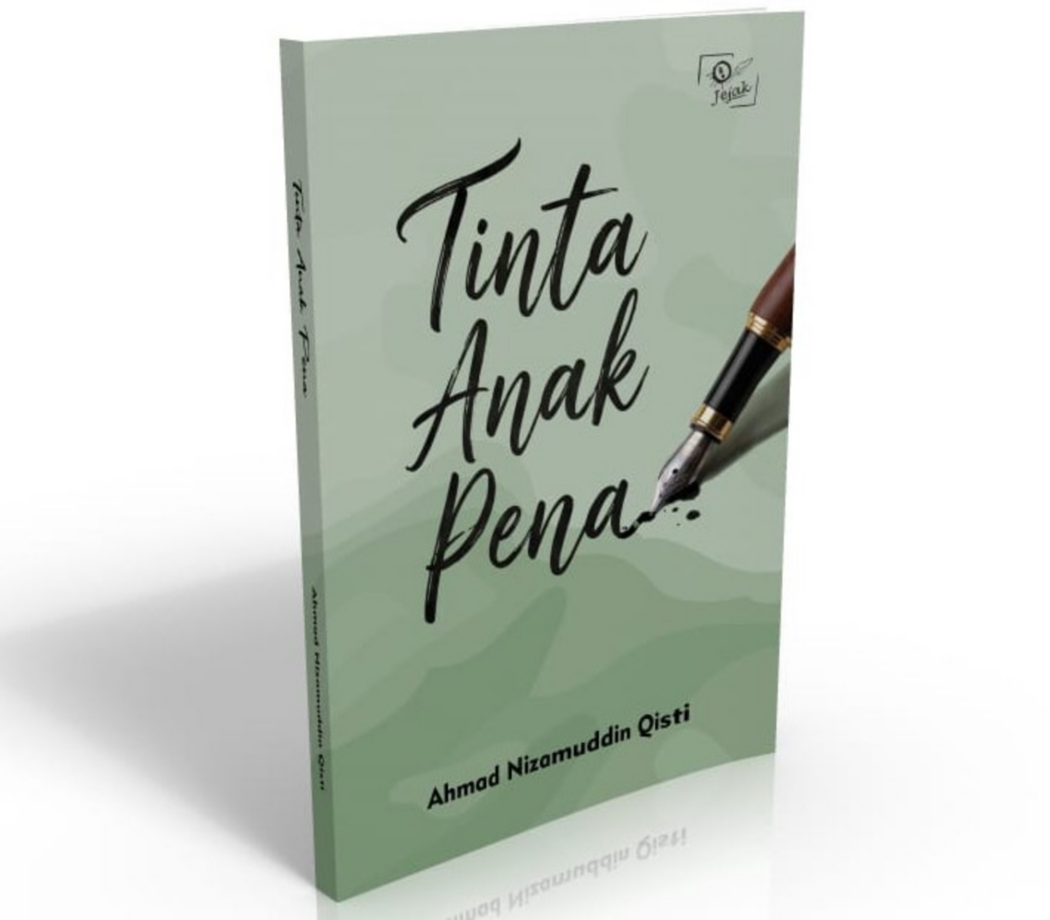 Pale green book cover titled "Tinta Anak Pena" with a fountain pen nib drawing ink, author name at bottom