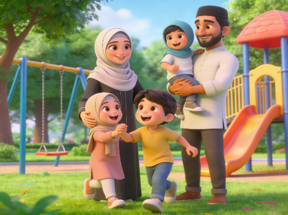 Smiling Muslim family in a park: father holding a toddler, mother in a hijab, and two happy children holding hands near swings and a slide.
