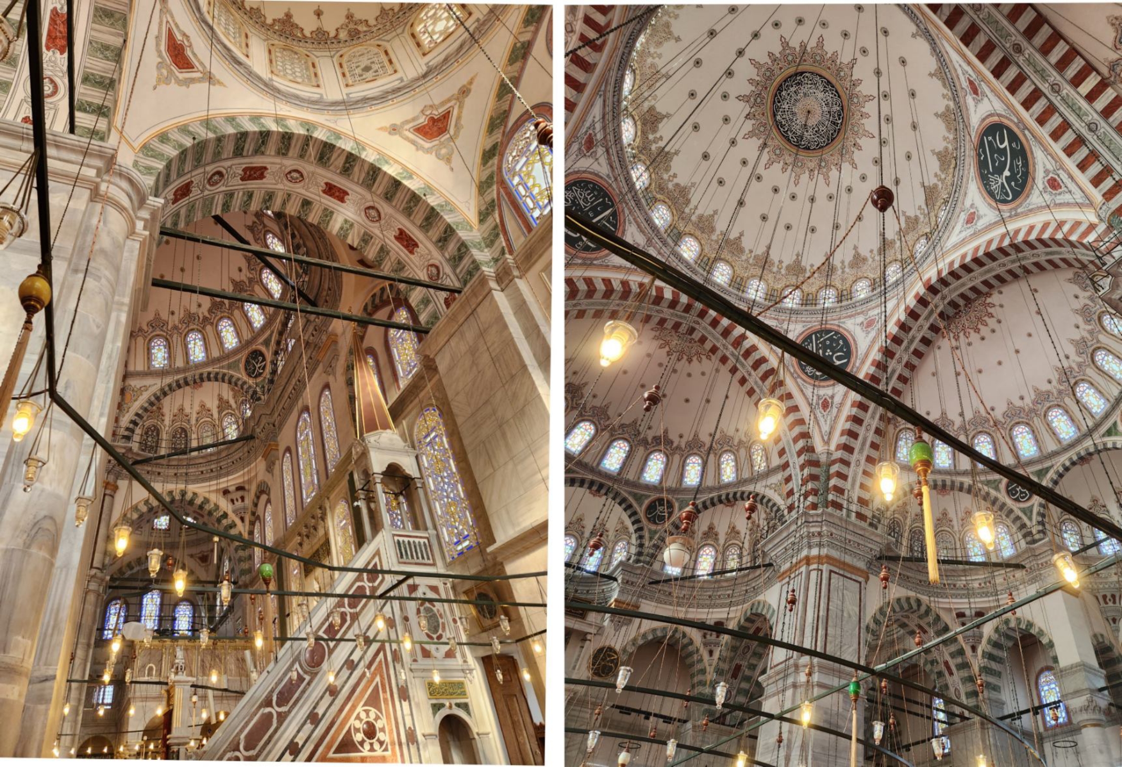Ornately painted mosque interior with high domes, arched windows, hanging lamps and intricate geometric and floral decoration