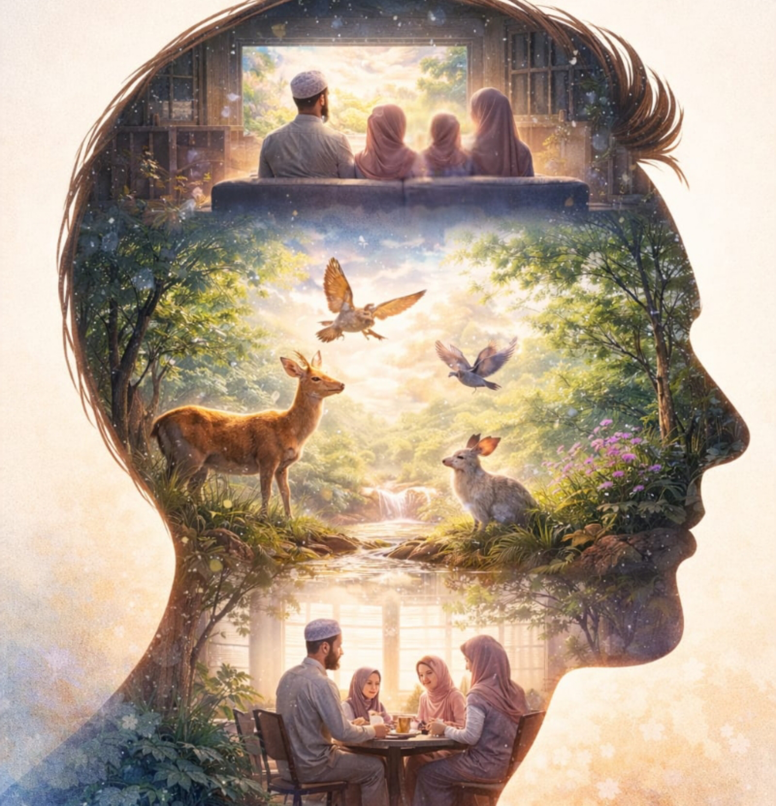 Silhouette of a head filled with layered scenes: a family in prayer, a sunlit forest with deer, birds and a stream, and a family sharing a meal.