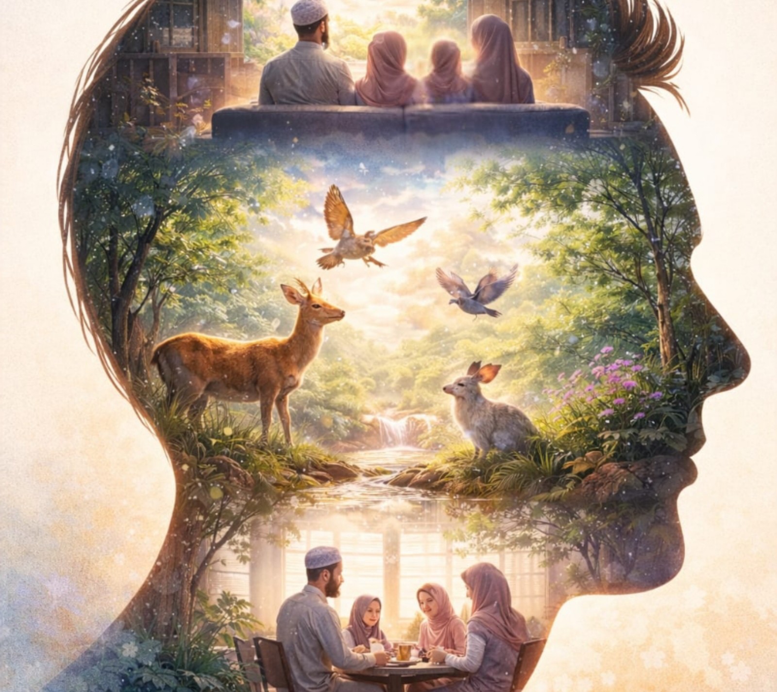 Silhouette of a head filled with a serene nature scene—deer, rabbit, birds and trees—and a family in head's base sharing a meal.