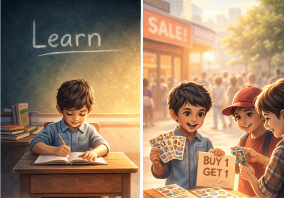 Young boy studying at a desk under "Learn" on a chalkboard; same boy later happily selling sticker sheets with a "Buy 1 Get 1" sign.