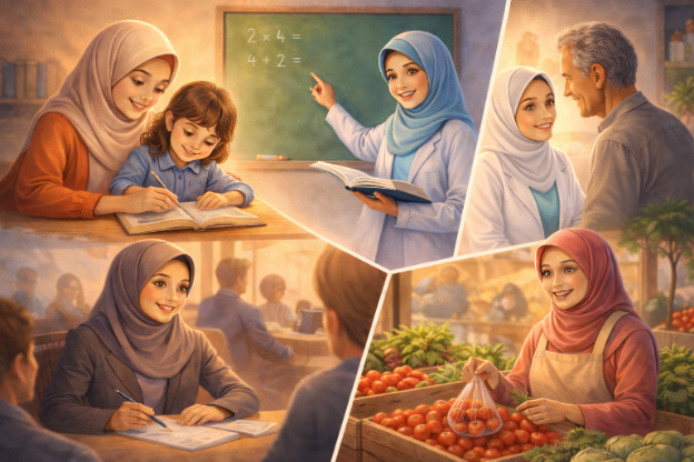 Collage of Muslim women in hijab teaching, tutoring a child, studying, selling tomatoes at market and greeting an elder.