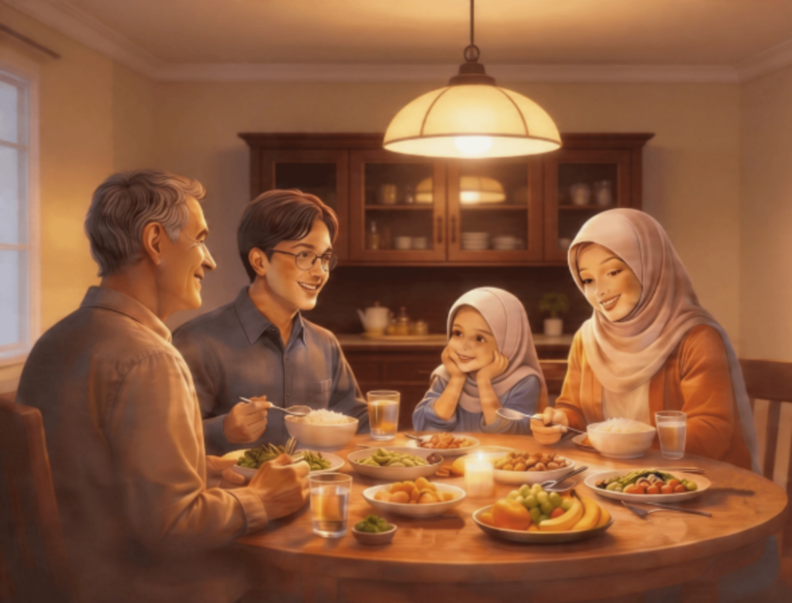 Family of four, two women in hijabs and two men, smiling and sharing a warm meal around a candlelit dining table.