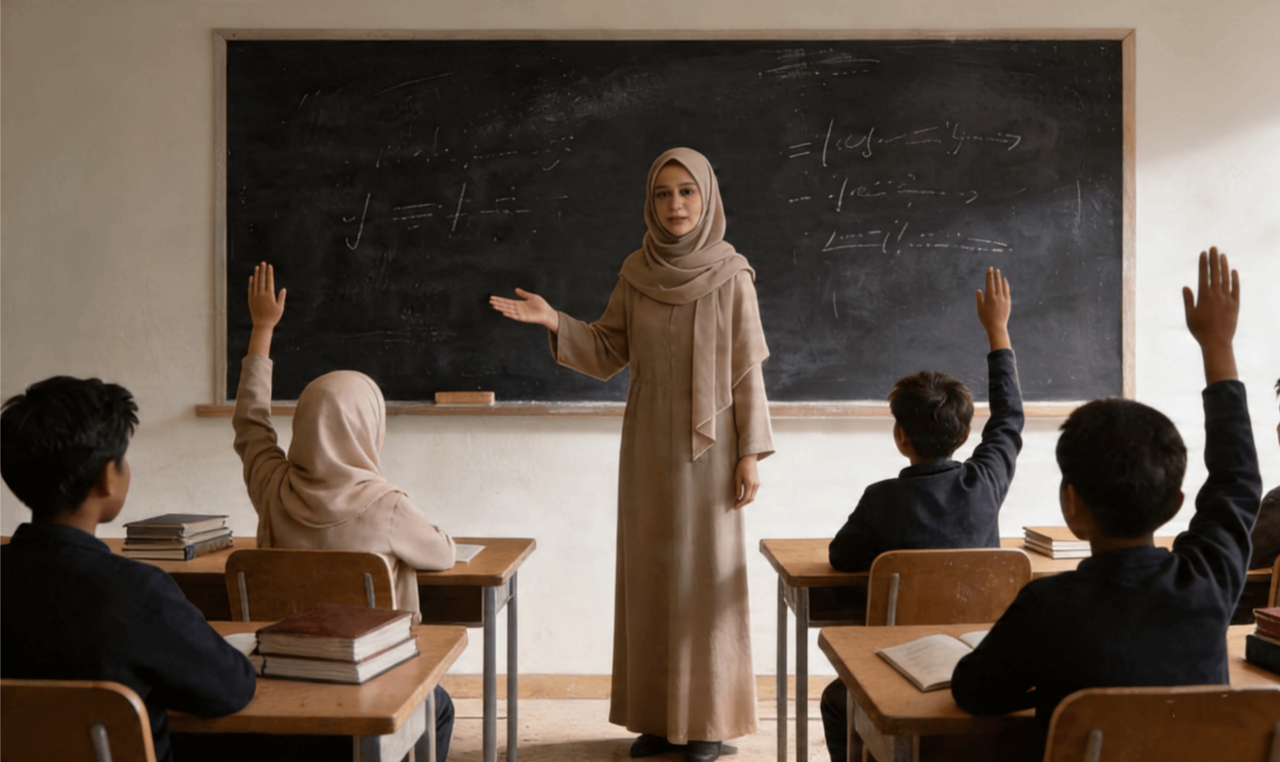 Female teacher in a hijab standing at a chalkboard teaching a classroom with several students raising their hands.