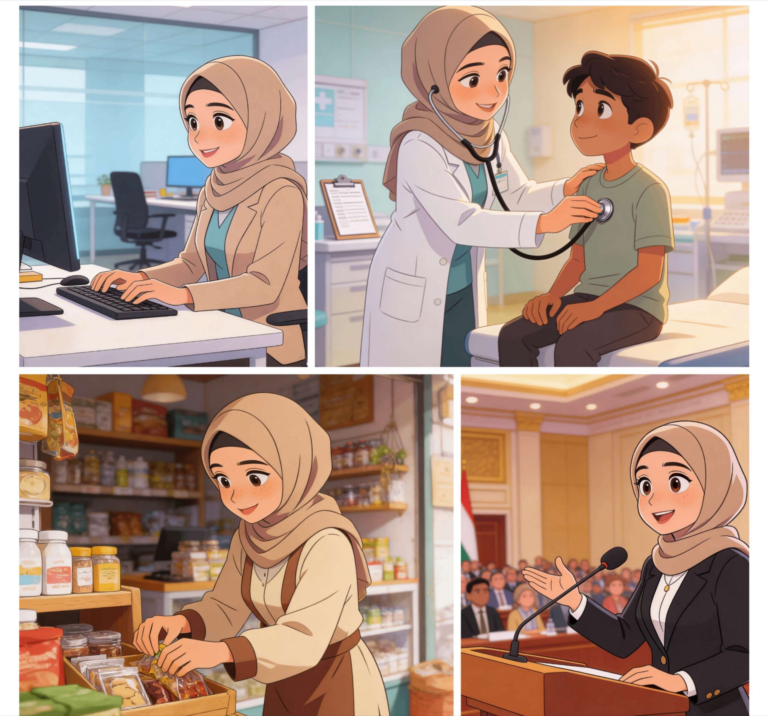 Four-panel collage showing a smiling hijab-wearing woman working at a computer, examining a child with a stethoscope as a doctor, arranging goods in a shop, and speaking at a podium to an audience.