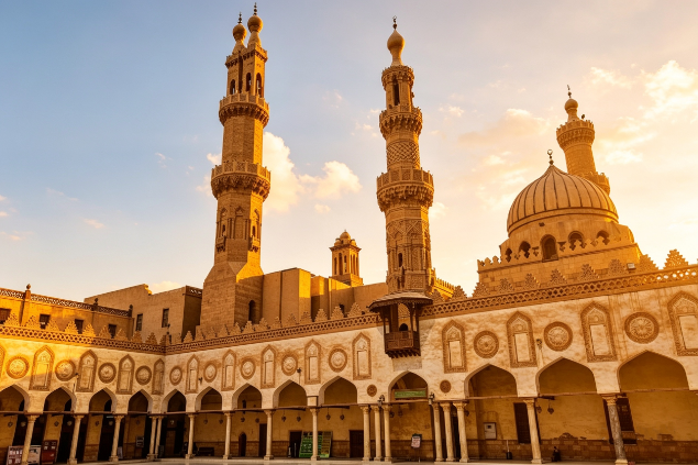 Ornate mosque courtyard with arched colonnade, decorative domes and three tall carved minarets bathed in golden light