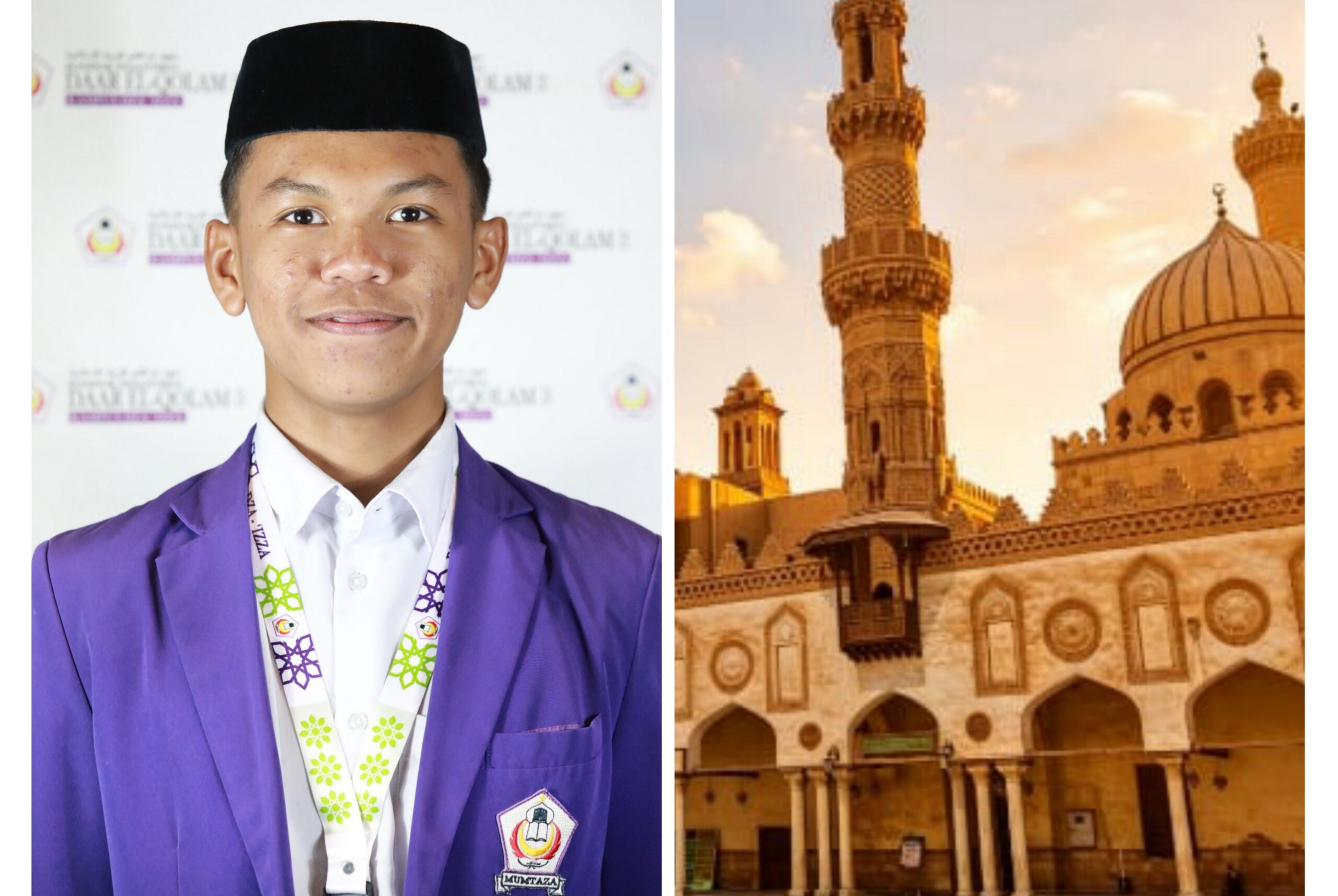 Young man in a purple blazer and black cap with a lanyard beside a golden-hued mosque facade and tall minaret