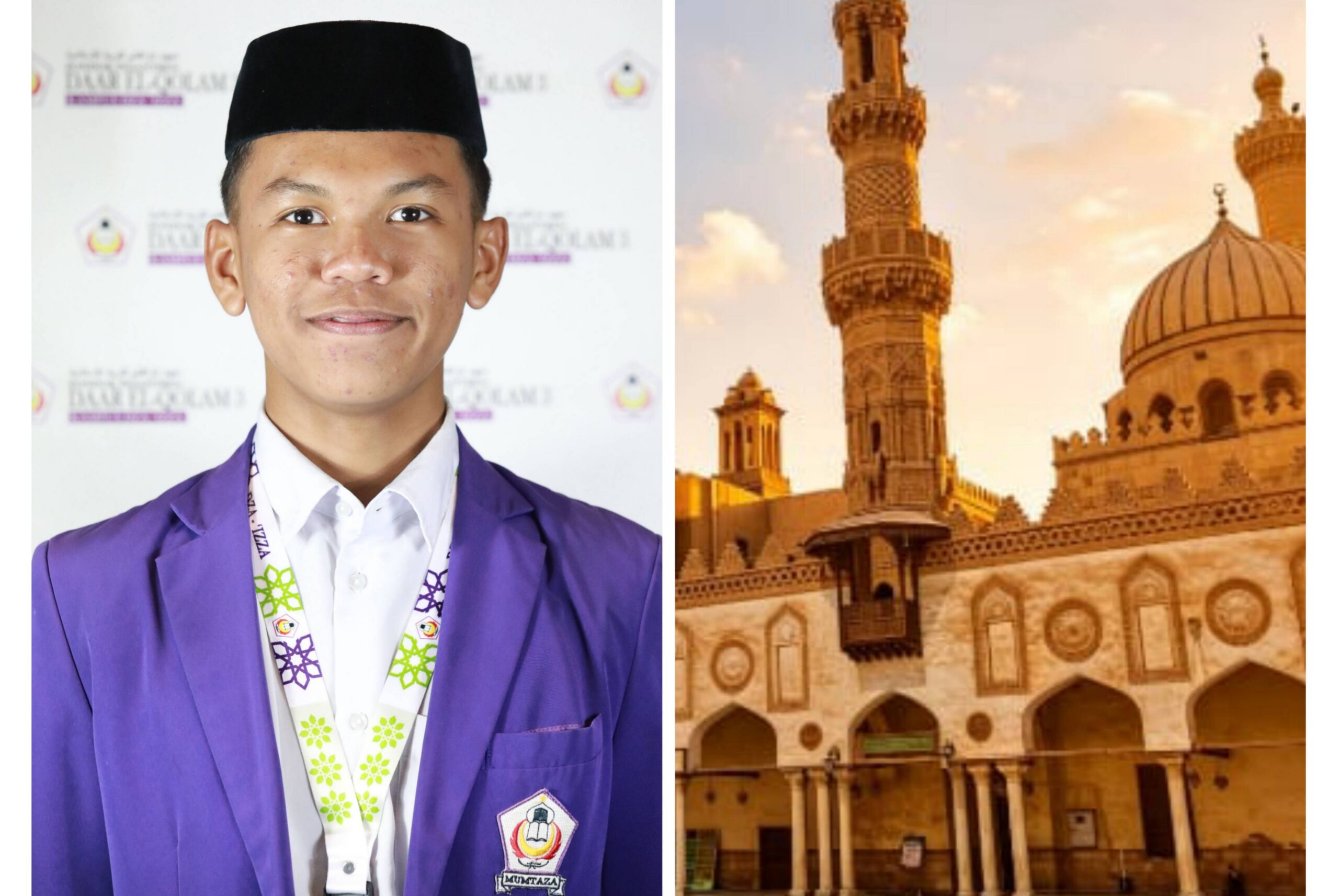 Young man in a purple blazer and black songkok smiling beside a sepia-toned mosque with domes and minarets.