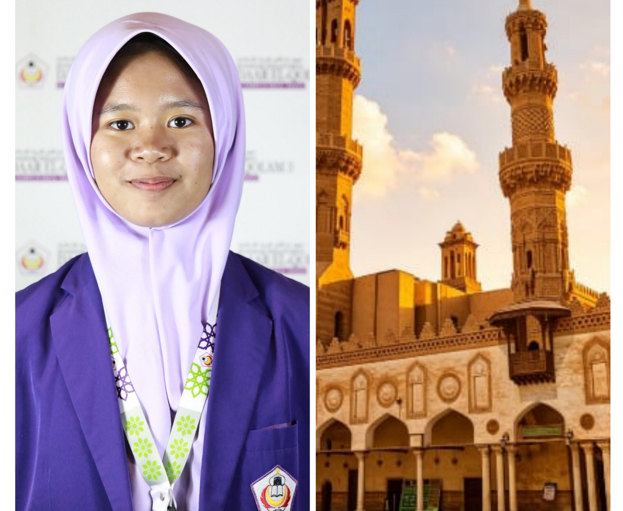 Young woman wearing a light purple hijab and purple blazer beside a golden mosque minaret and facade at sunset
