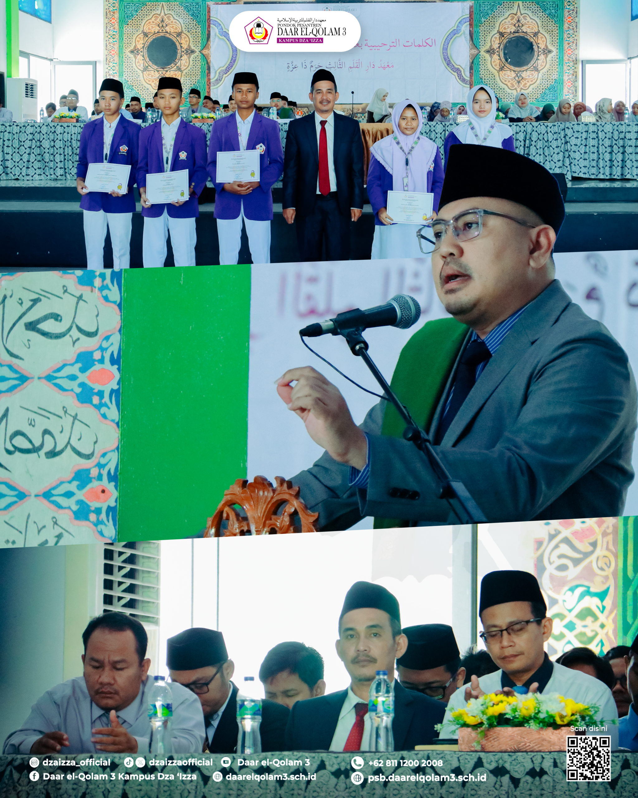 Students in purple blazers and headscarves hold certificates on stage with a suited man, while a speaker in a hat addresses the audience and officials sit at a front table.