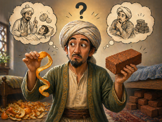 Man in turban holding an orange peel in one hand and a clay brick in the other, looking puzzled with thought bubbles above him.