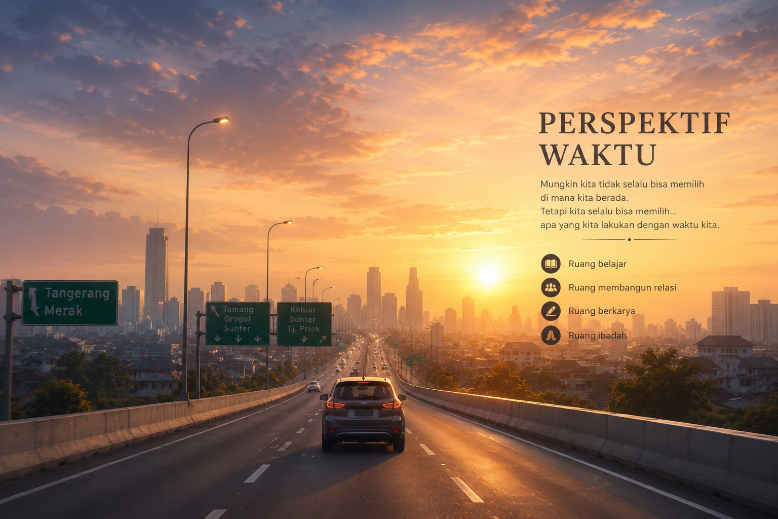 Car driving on an elevated highway toward a city skyline at sunrise with directional signs and Indonesian text overlay.