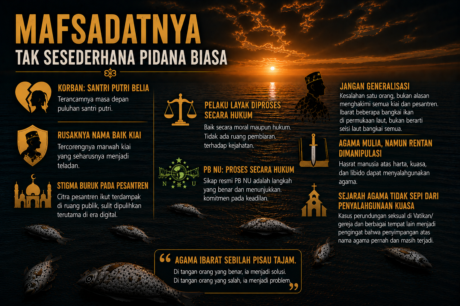 Sunset over a calm sea with floating dead fish and an infographic titled "MAFSADATNYA TAK SESEDERHANA PIDANA BIASA" summarising harms to female students, ruined kiai reputation, pesantren stigma, legal processing, warnings against generalisation, and religion's vulnerability to abuse.