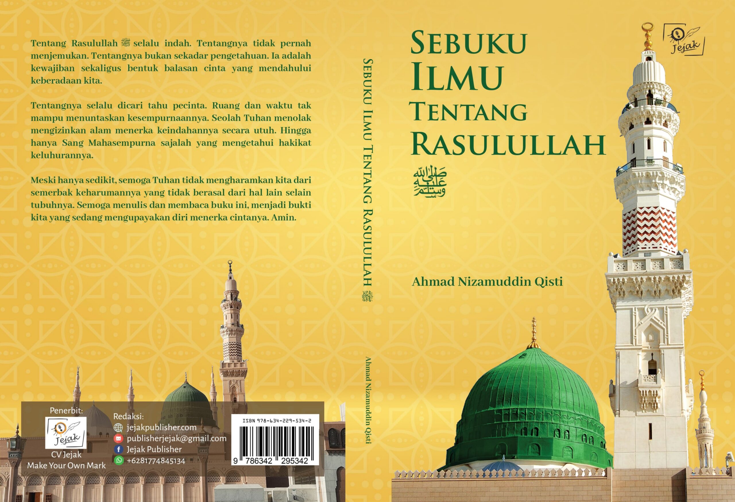 Yellow book cover titled "Sebuku Ilmu Tentang Rasulullah" with a green-domed mosque, minarets and author name Ahmad Nizamuddin Qisti.