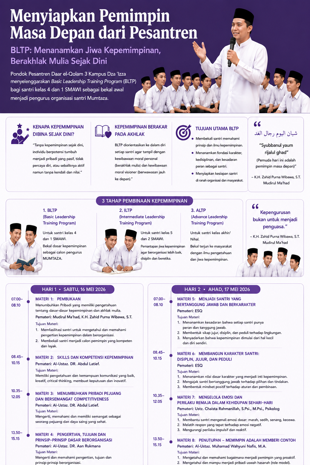 A group of smiling male students in white robes and black caps listening to a teacher in white holding a microphone, with purple header text about preparing future pesantren leaders and a schedule of a leadership training program.