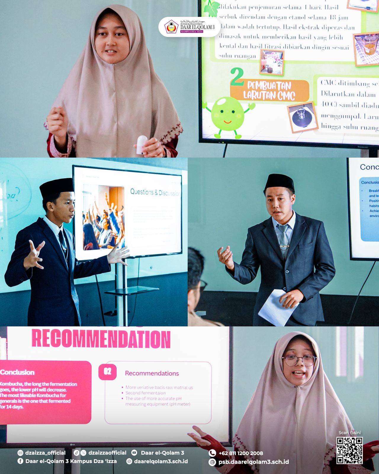 Collage of four students in modest school uniforms giving presentations, standing by screens showing slides and graphics.