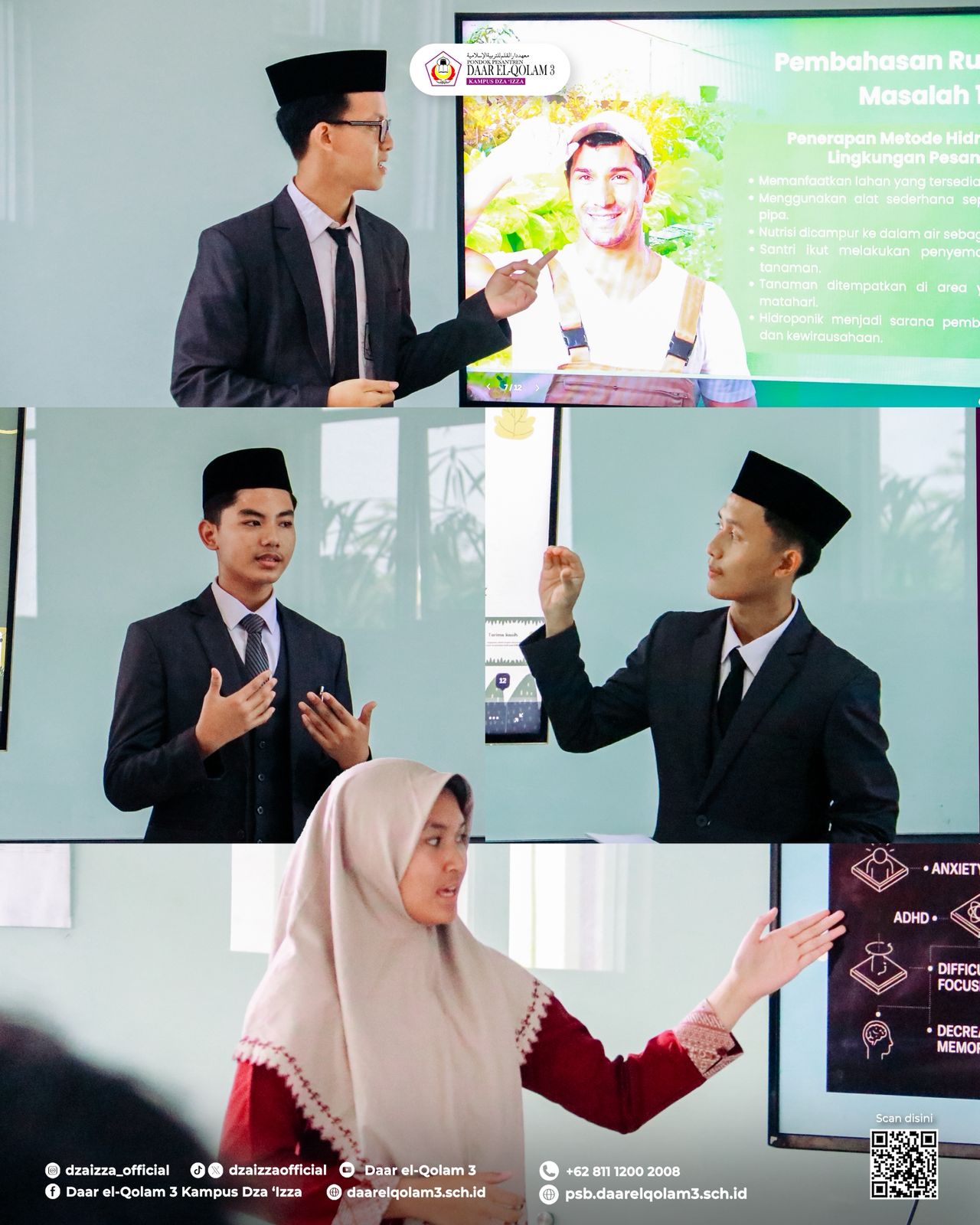 Four students in formal dress and songkok giving presentations in front of classroom screens, one female in a hijab gesturing.