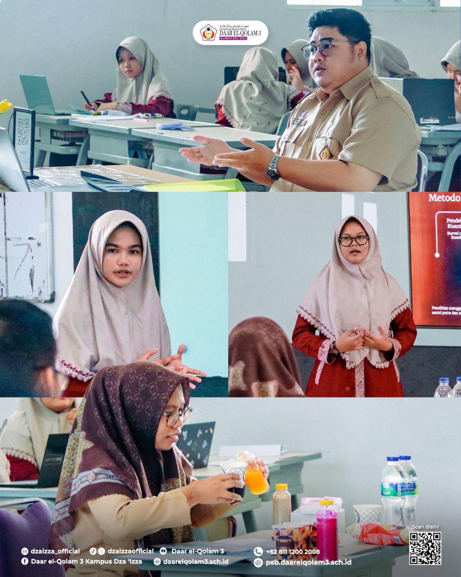 Collage of students and a teacher in a classroom; girls in hijabs present projects while a male teacher gestures and listens.
