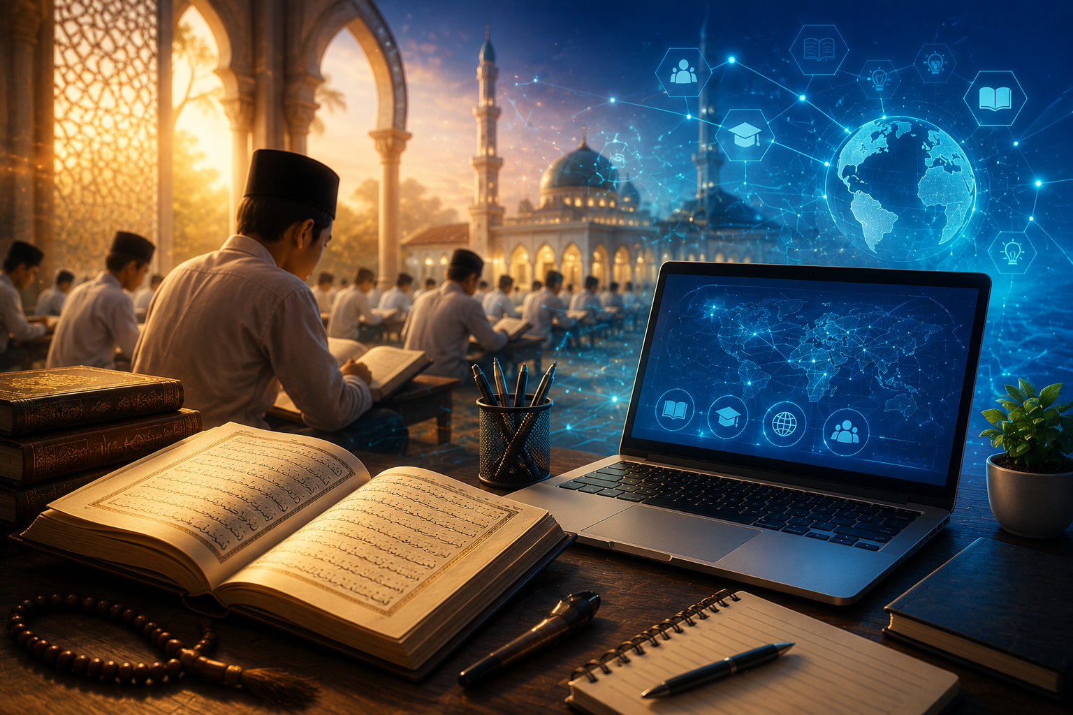 Young students in a mosque study from open Qur'ans at wooden desks while a laptop displays a glowing global network and education icons.