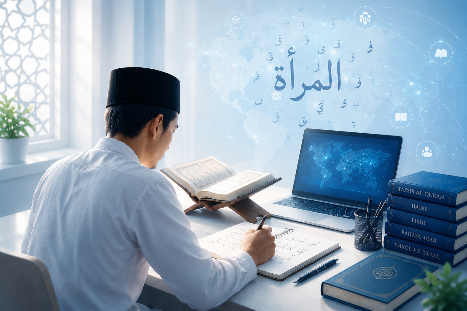 Young man in traditional cap studying Arabic script at a desk with an open Quran, notebook and laptop showing a world map, stacked Islamic books nearby.
