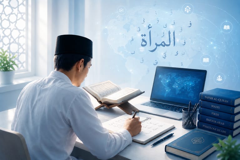 Young man in traditional cap reading the Quran and taking notes at a desk with a laptop and Islamic books.