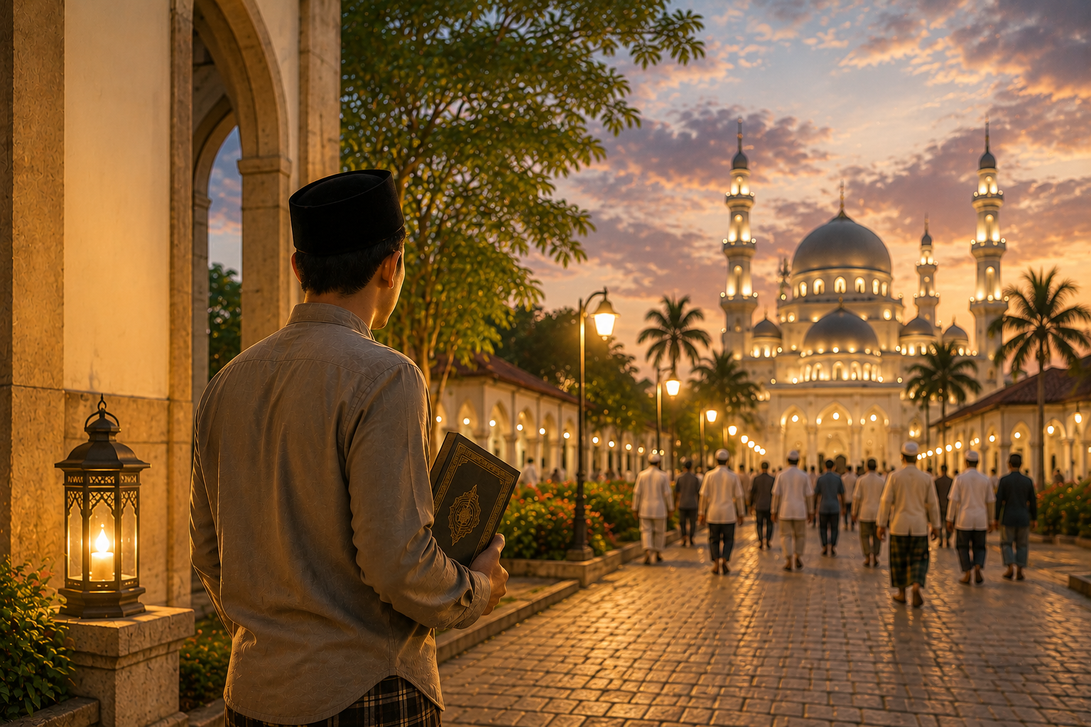 Young man holding a Quran, standing on a lantern-lit courtyard as worshippers walk toward an illuminated mosque at sunset.