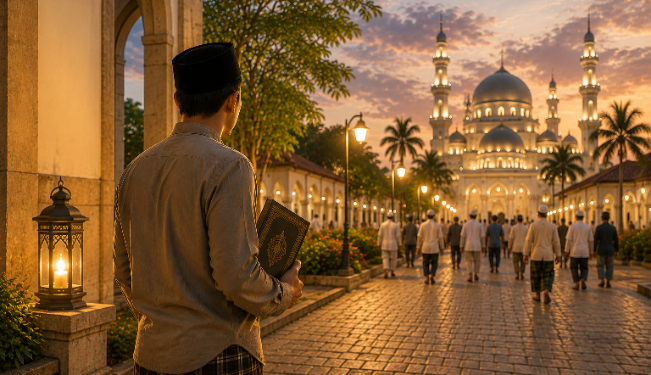 Man in traditional clothing holding a Quran, standing on a lit pathway toward a large illuminated mosque at dusk with people walking ahead