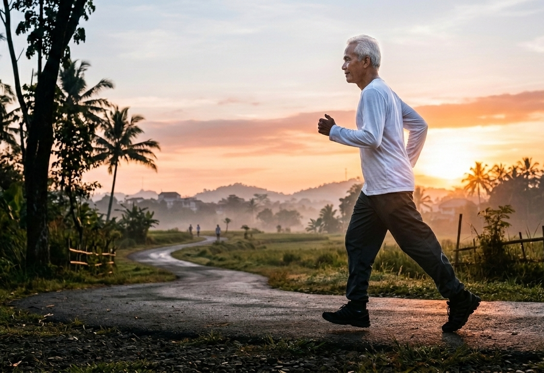 Older man power walking on a winding rural path at sunrise with palm trees and misty fields in the background