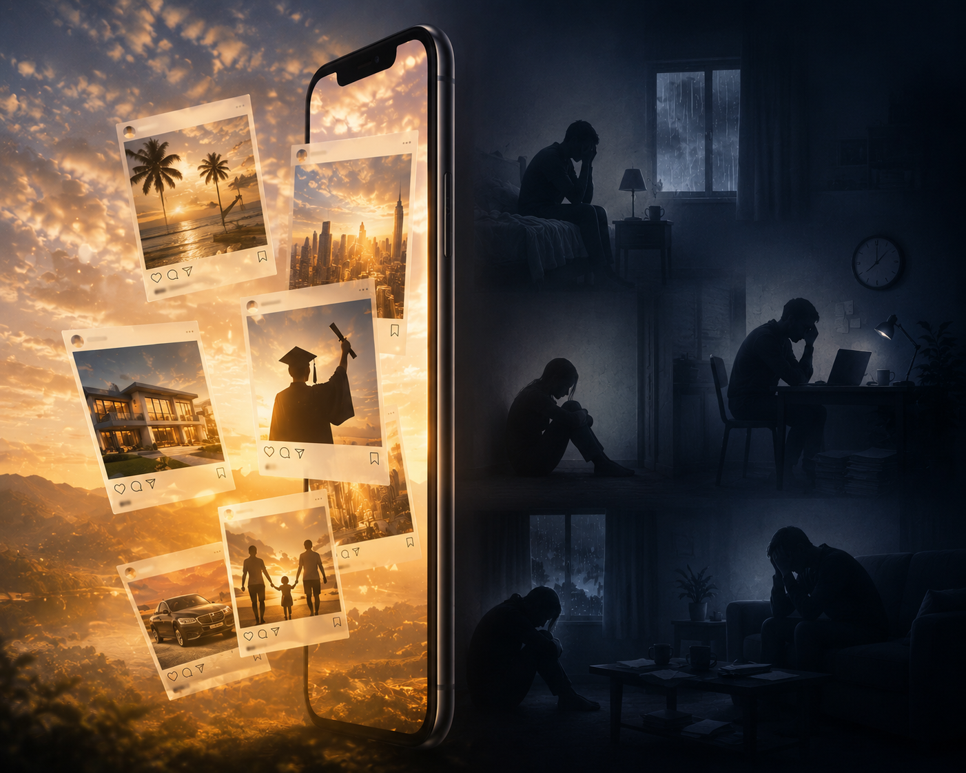Smartphone glowing with bright social media posts—beach, city skyline, mansion, graduation, family—contrasted with dark silhouettes of lonely, stressed people in rooms.