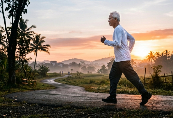 Older man jogging on a winding rural path at sunrise with palm trees and misty fields in the background