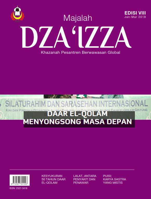 Magazine cover with bold title "DZA'IZZA" on purple background and banner reading "DAAR EL-QOLAM MENYONGSONG MASA DEPAN."