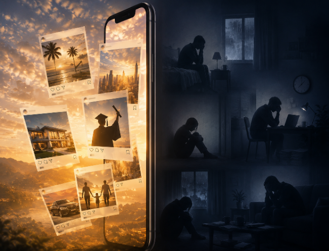 Smartphone glowing with idealised social posts—beach, house, graduation, family—contrasted with dark scenes of people alone and distressed.