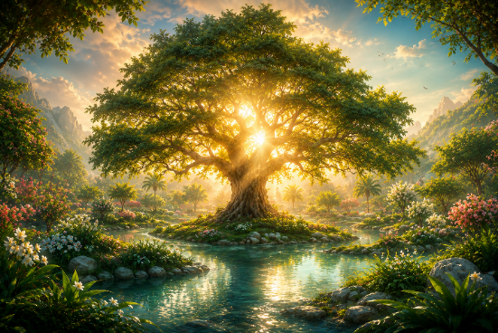 Majestic broad tree on a small island with sunlight streaming through its branches, surrounded by a tranquil pond and flowering plants
